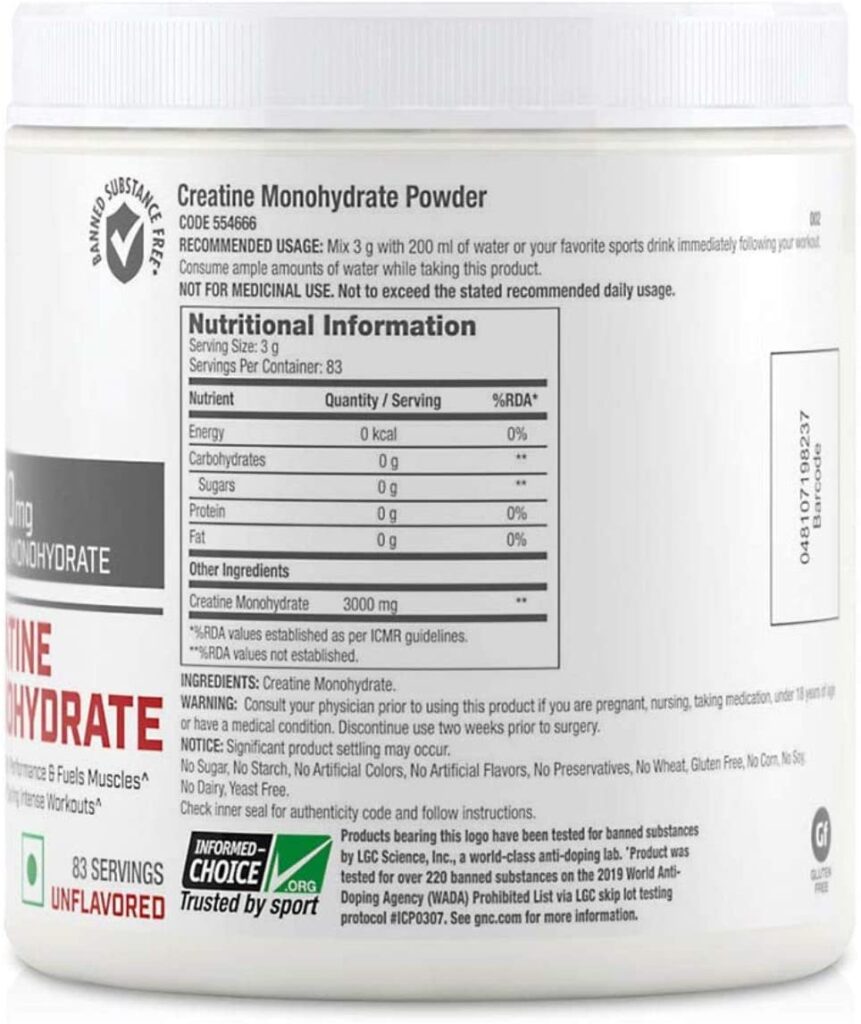 GNC Pro Performance Creatine Monohydrate 3000 mg Supplement 250 g